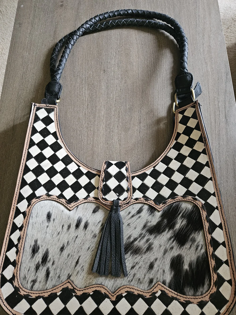Hand Painted Black & White Checkered Leather Tote with Haircalf Panel